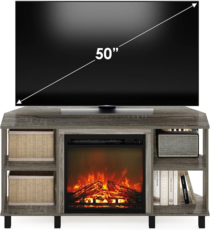 Furinno Jensen Corner Fireplace TV Stand with 4 Open Compartments for TV up to 55 Inches, French Oak Grey