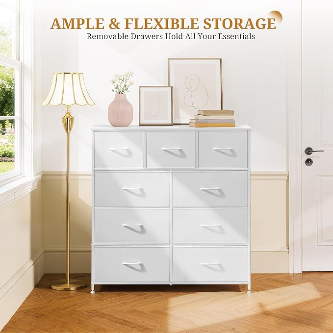 Dresser with 9 Drawers for Bedroom, Fabric Clothes Cabinet for Closet, Anti-Tip Storage Dresser with Metal Frame for Living Room, Entryway, Dorm, White