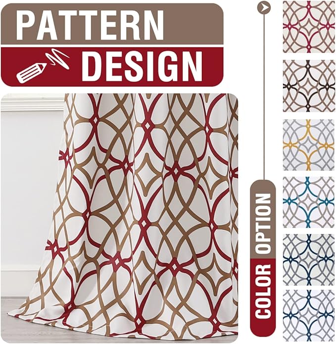 H.VERSAILTEX Blackout Curtains Printed Design 63 Inch Length 2 Panels Set Thermal Insulated Curtains for Bedroom Living Room Geometric Modern Grommet Window Drapes - Taupe and Red