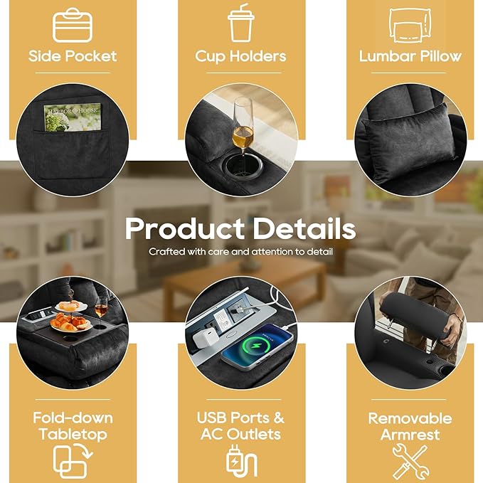 IPKIG Electric Reclining Sectional Sofa, 5-Seater L-Shaped Power Recliner Couch, Wall Hugger Reclinable Movie Seating with Flip-up Backrest, LED Lights, USB+AC Outlets (Dark Grey, 5 Seaters) | Vlvet Fabric, Zero Gravity, Dual Reclining, 2 Lumabr Pillow...