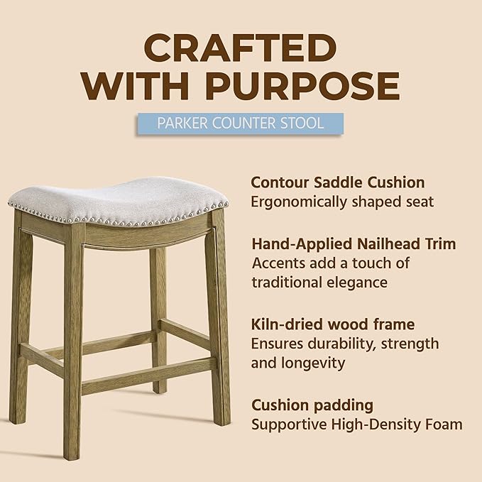 ROME + OAK Set of 2 Parker 26" Counter Stool, Backless Saddle Kitchen Barstool in Natural Wood Finish with Wheat Cream Fabric Upholstery Cushion Seat