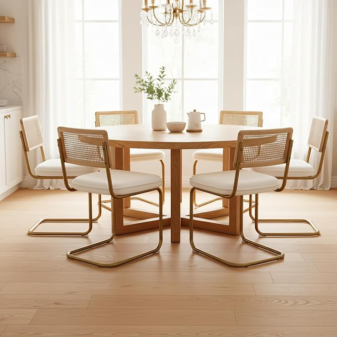 CangLong Rattan Dining Chairs Set of 2, Modern Kitchen Chairs with Natural Mesh Rattan Backrest & Solid Thick Metal Legs, Upholstered Fleece Armless Side Chairs for Living Room, Study, Cream