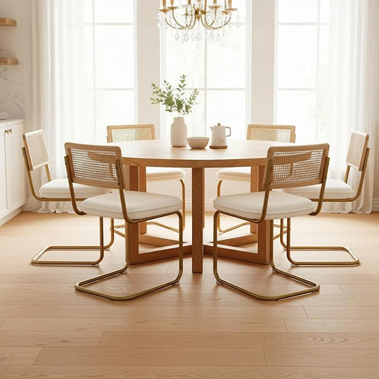 CangLong Rattan Dining Chairs Set of 2, Modern Kitchen Chairs with Natural Mesh Rattan Backrest & Solid Thick Metal Legs, Upholstered Fleece Armless Side Chairs for Living Room, Study, Cream