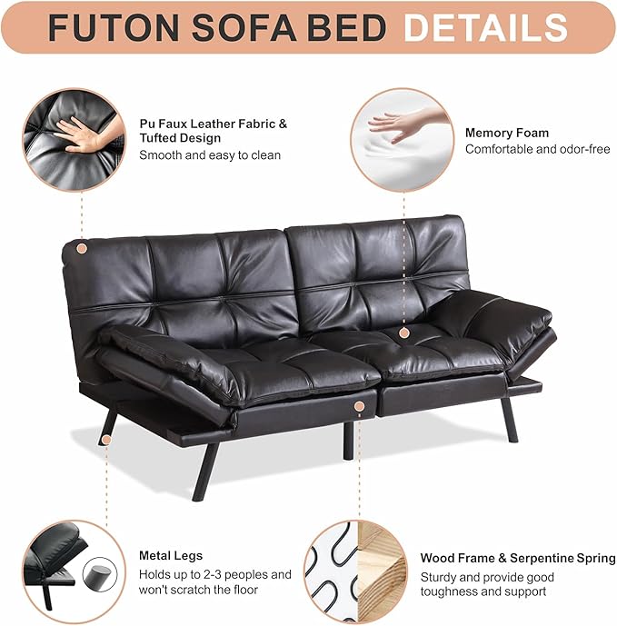Opoiar Futon Sofa Bed, Memory Foam Futon, Convertible Futon Couch, Faux Leather Sofa Bed,Modern Loveseat Sofa,Comfy Sleeper Sofa for Compact Space,Apartment, Living Room,Easy Assemble,Black