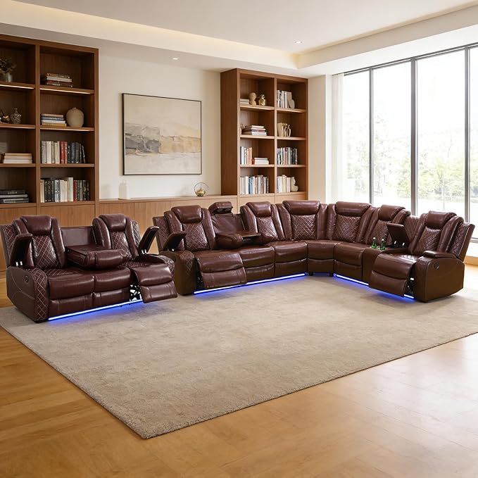 Power Recliner Sectional Sofa Set, Brown Leather Sectional Couch and 3 Seater Sofa for Living Room, L Shape Reclining Sofa with Cup Holder, Hidden Storage, Coffee Table for House(9 Seat)