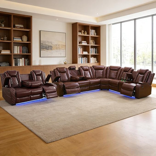 Power Recliner Sectional Sofa Set, Brown Leather Sectional Couch and 3 Seater Sofa for Living Room, L Shape Reclining Sofa with Cup Holder, Hidden Storage, Coffee Table for House(9 Seat)