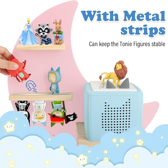 Moon + Stars for Toniebox 1/2 Tonies Figures Organizer Storage Shelf Wall Mounted, Magnetic Floating Shelves for Toniebox Player, Characters, Earphones, Display Collection 20~30 Characters (Pink)