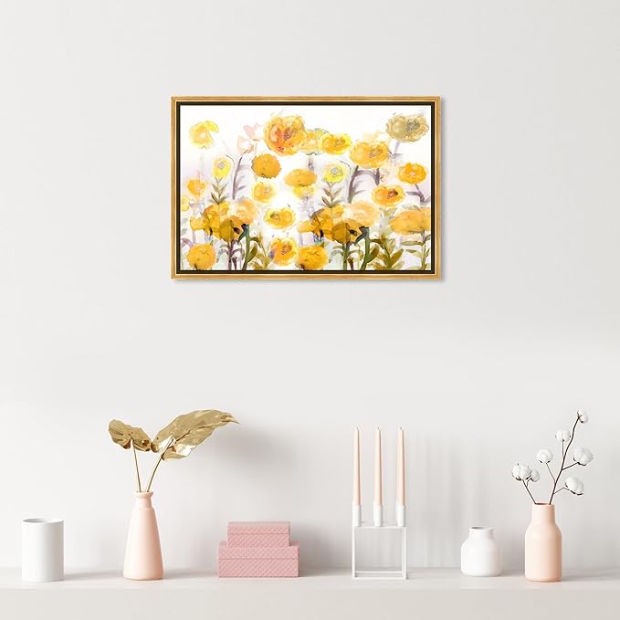The Oliver Gal Artist Co. Floral and Botanical Wall Art Framed Canvas Prints 'Bella Garden Poppy Yellow' Gardens Gold Floater 24" x 16"