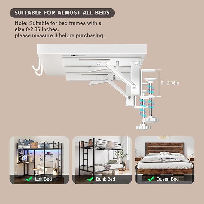 Bedside Shelf Foldable, Metal Clip-On Bed Shelf for Top Bunk Heavy Duty Bed Side Table Tray for College Dorm Essentials, Loft Nightstand Organizer Tray with Removable Cup & Phone Holder(White)