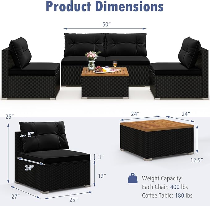 Tangkula 5 Piece Rattan Sofa Set, Outdoor Wicker Furniture Set w/Seat & Back Cushions, Square Coffee Table, Patio Sofa Set for Backyard, Poolside (Black)