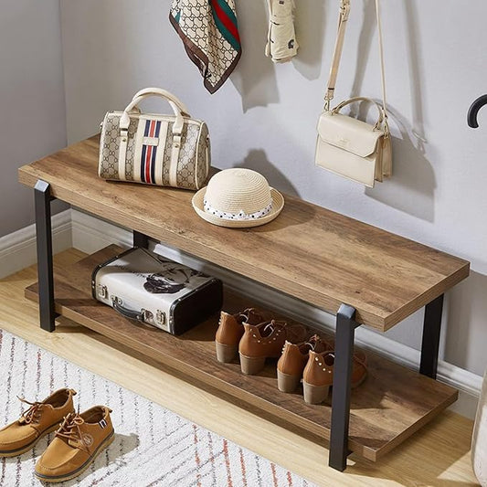 FOLUBAN Entryway Bench, Industrial Shoe Storage Bench for Bedroom Living Room, Modern Indoor Bench Seat for Hallway Front Door Entrance, Easy Assembly, Oak 47 inch