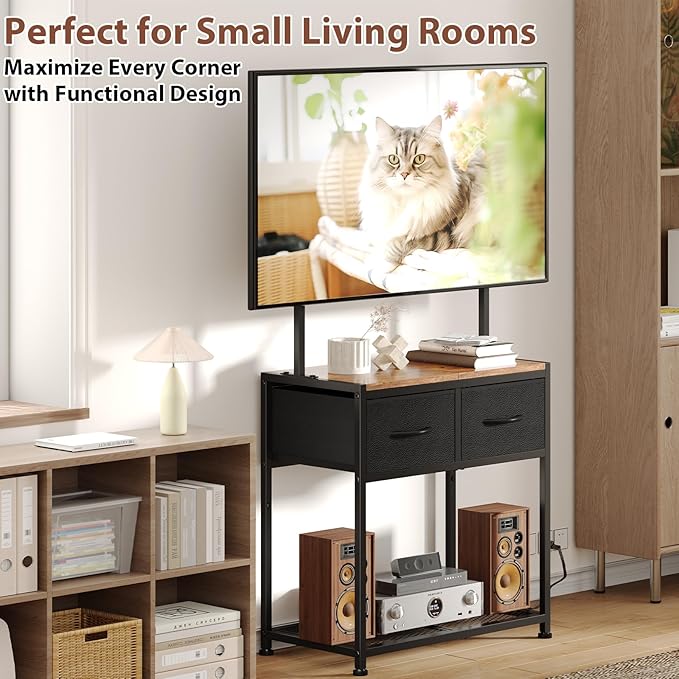 23-50 Inch Corner TV Stand with Mount and 2 Fabric Drawers, Floor Small TV Stand for Bedroom Living Room, Entertainment Center with Storage Shelves, Television Stands TV Console Table, Black & Brown