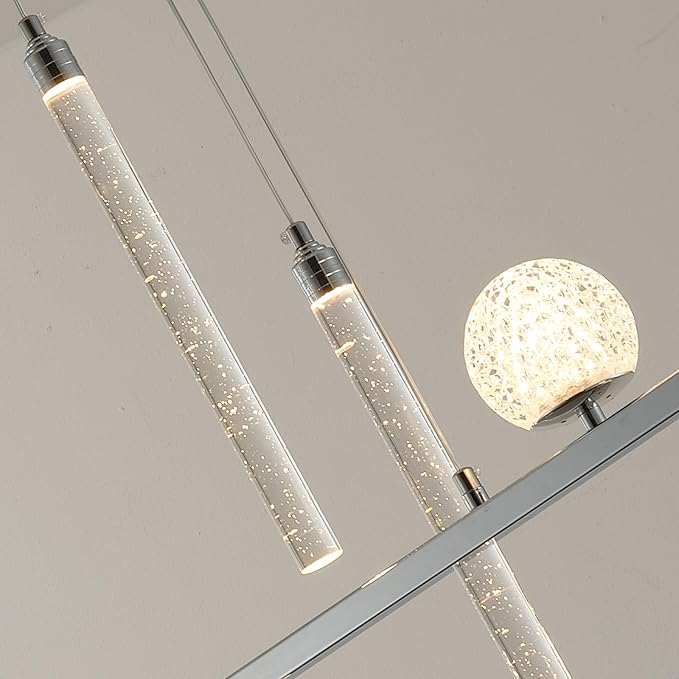 Modern LED Pendant Lights, Dimmable 47in Silver LED Chandelier Lighting, Upgraded Chrome Linear Dining Room Hanging Light Fixtures Kitchen Island Globe Pendant Light for Dining Table (4200lm)
