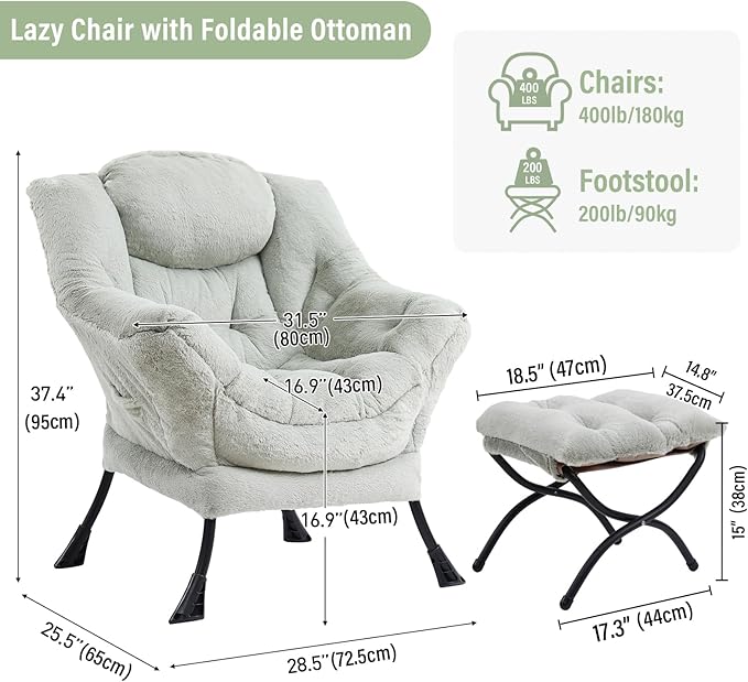 Lazy Chair with Ottoman, Modern Chair with Folding Footrest, Plush Green Accent Chair, Comfortable Reading Chair, Oversized Armchairs for Bedroom, Study, Living Room, Courtyard