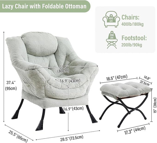 Lazy Chair with Ottoman, Modern Chair with Folding Footrest, Plush Green Accent Chair, Comfortable Reading Chair, Oversized Armchairs for Bedroom, Study, Living Room, Courtyard