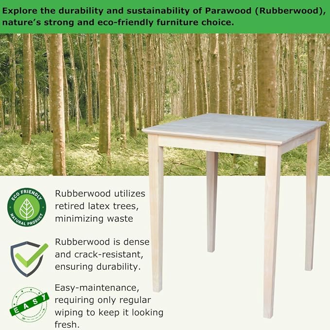 Solid Wood Top Dining Table, 36 Inch High, Unfinished