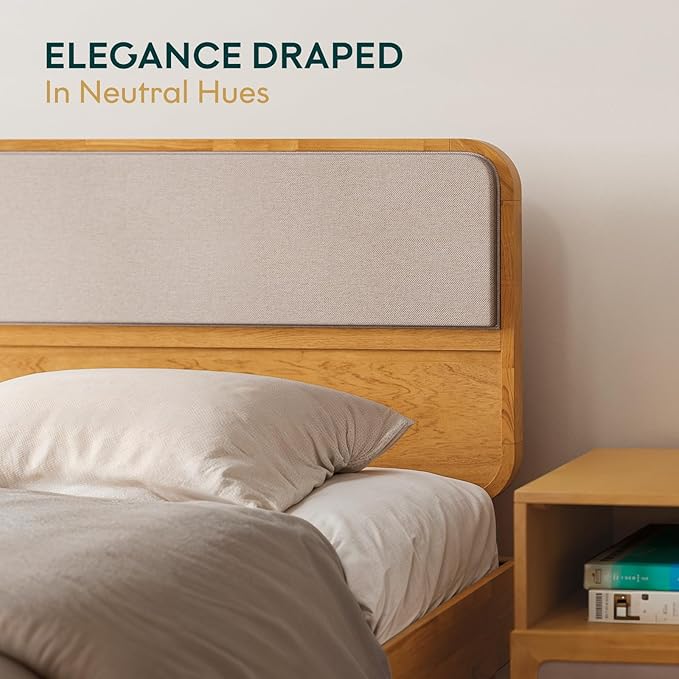 Bme Calista Queen Size Bed Frame – Solid Wood Platform Bed with Upholstered Headboard, Teak Brown Finish, Mid-Century Modern Style with Sturdy Slats & Tapered Legs, No Box Spring Needed