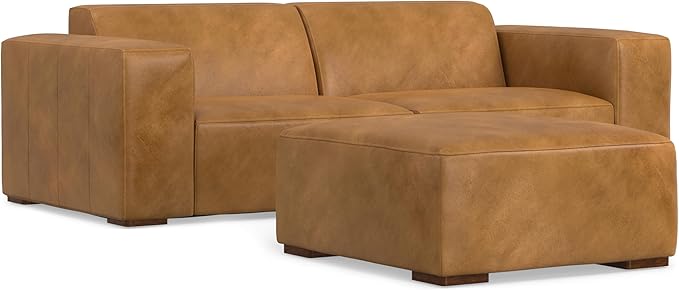 SIMPLIHOME Rex Modular Sofa and Ottoman Set in Full-Grain Genuine Leather, Sienna, 88-inch-Wide 2-Seater Leather Couch and Matching 34-inch-Wide Table Ottoman for Living Room