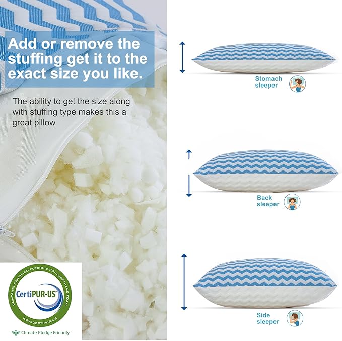Pillows Standard Size Set of 2- Standard Pillows Set of 2 - Adjustable Firm Pillow for Back Stomach and Side Sleeper - Shredded Memory Foam Cooling Pillow for Neck and Shoulder Pain