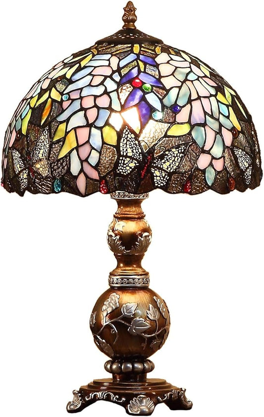 Bieye L10568 Wisteria Flowers Butterflies Tiffany Style Stained Glass Table Lamp with 12-inch Wide Lampshade, 19-inch Tall