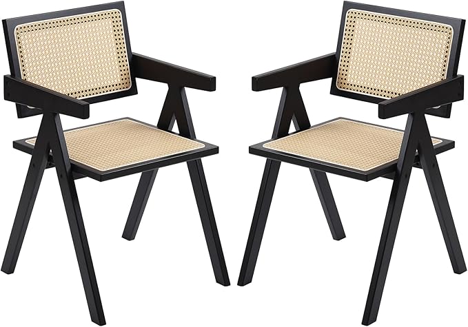 Rattan Dining Chairs Set of 2, Modern Mid Century Dining Chairs with Arms, Outdoor Bamboo Chairs for Bedroom, Living Room, Reading Room, Black