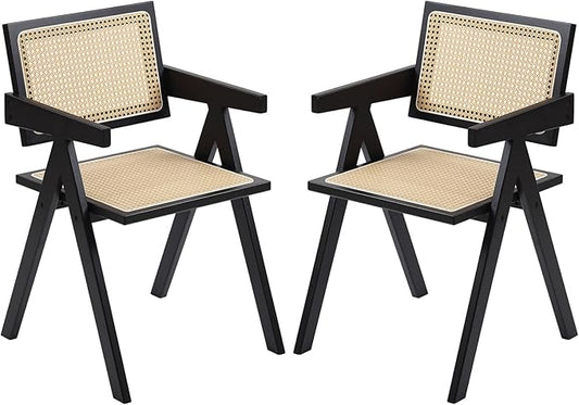 Rattan Dining Chairs Set of 2, Modern Mid Century Dining Chairs with Arms, Outdoor Bamboo Chairs for Bedroom, Living Room, Reading Room, Black
