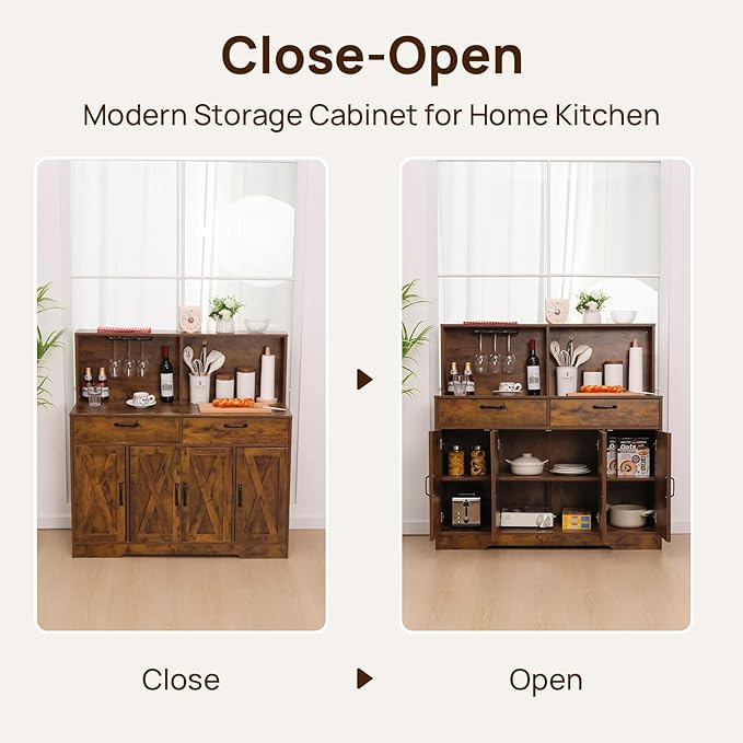 Sideboard Buffet Cabinet with Storage, 47'' Farmhouse Coffee Bar Cabinet, Kitchen Pantry Storage Cabinet with Doors and Shelves for Dining Room, Living Room, Kitchen, Brown