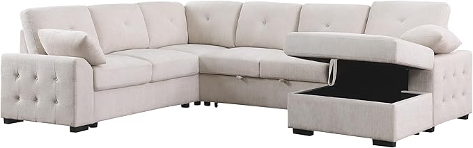 ERYE U-Shaped Pull Out Sleeper Couch Bed, Modern Chenille Upholstered Button Tufted Corner Couch Right Facing Sectional Sleeper Sofa Bed W/Storage Chaise and 2 Pillows