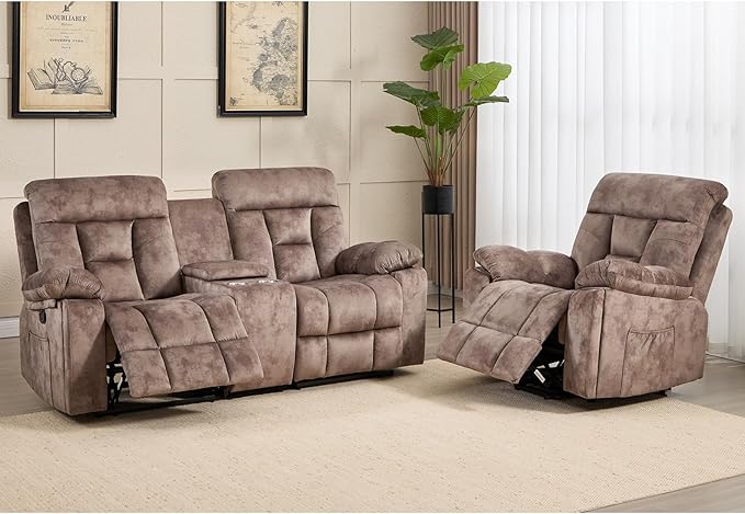 CANMOV Recliner Sofa Set, Power Lift Recliner with Massage&Heat and Loveseat Set, Reclining Sofa with Storage Console,Hidden Cup Holders, for Living Room, Camel-Brown