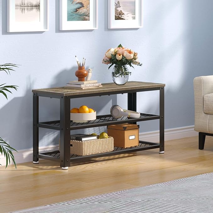 Rolanstar Shoe Bench, 3-Tier Shoe Rack, 28.7” Storage Entry Bench with Mesh Shelves Wood Seat, Rustic Foyer Bench for Hallway Front Door, Doorway, Living Room, Mudroom, Steel Frame, Gray