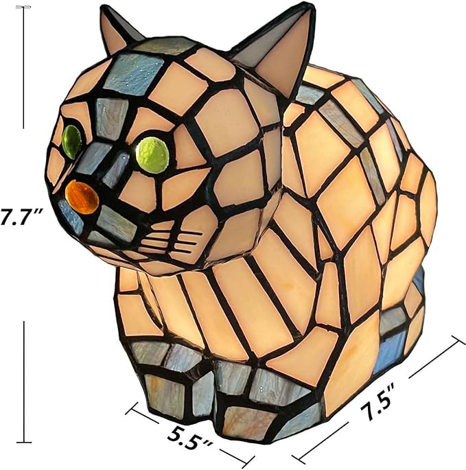 Bieye L10872 Lovely Cat Tiffany Style Stained Glass Accent Table Lamp Night Light for Home Decoration (One Cat, Blue)