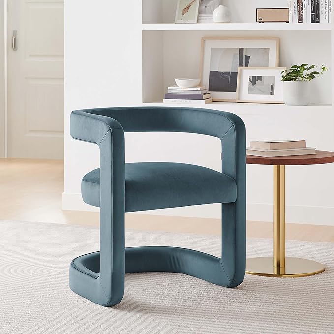 Modway Winslow Stain-Resistant Performance Velvet Dining Chair in Cadet Blue - Open Back Barrel Armchair - Upholstered Dining Chair - Cozy Reading Chair or Velvet Vanity Chair