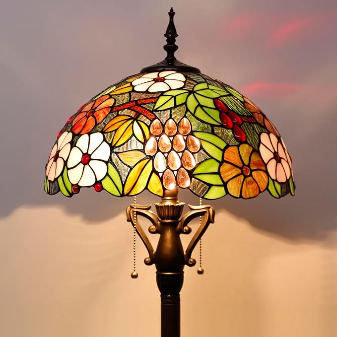 Tiffany Floor Lamp Green Purple Grape Stained Glass Standing Reading Light 16X16X66 Inches Antique Pole Corner Lamp Decor Bedroom Living Room
