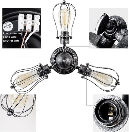 Vintage Ceiling Light Industrial Rotatable Semi-Flush Mount Ceiling Light Metal Lamp Fixtures Painted Finish (with 3 Light) (Silver)