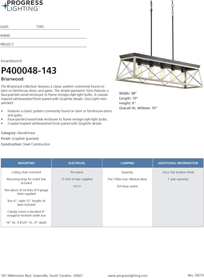 Progress Lighting Briarwood Collection 5-Light Dining Room Light Fixture, Farmhouse Style Modern Chandelier for Kitchen and Dining Room, 38" by 9", Graphite