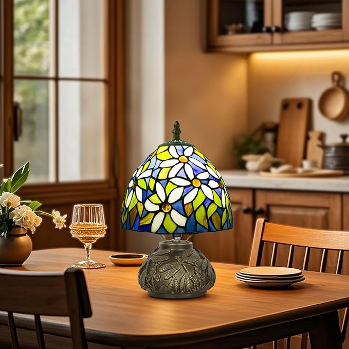 Small Tiffany Table Lamp,Stained Glass Lamp,8 Inch Mushroom Style Mini Vintage Desk Lights for Bedside, Bedroom,Nightstand,Living Room,3 Color Temperature (White Flower)