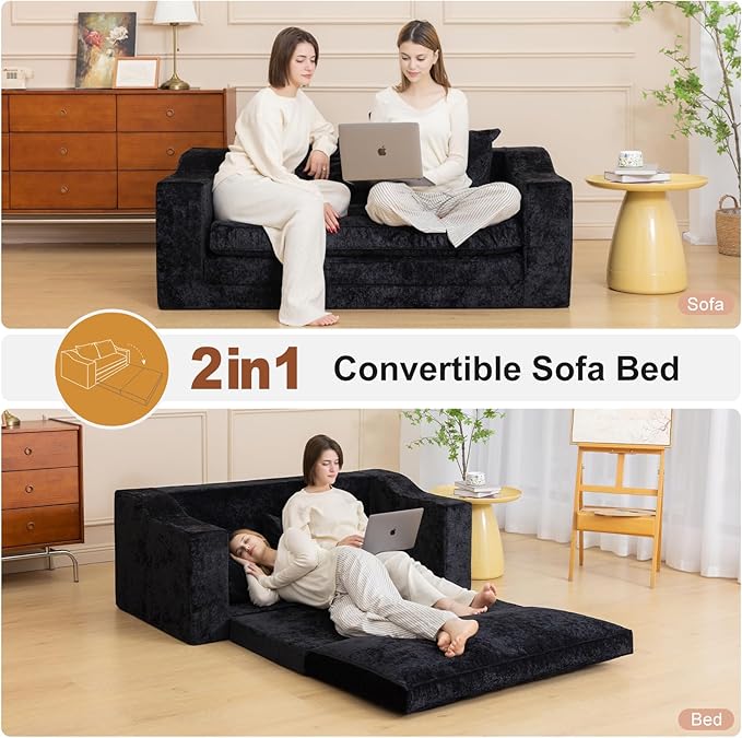 61" Convertible Sofa Bed Loveseat, Memory Foam Boneless Floor Couch with Removable Plush Velvet Cover, Tri-folding Compact Full-size Sleeper for Small Living Room, Playroom, Guest Room, RV (Black) | Convertible Sofa Bed, Premium Memory Foam, Ergonomic ...