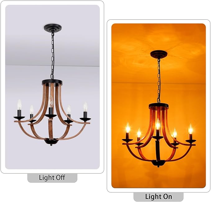 21" Farmhouse Chandelier, 5-Light Rustic Dining Room Light Fixture, Farmhouse Chandeliers for Dining Room, Faux Wood Texture Adjustable Pendant Lighting for Living Room, Kitchen, Foyer, Entryway