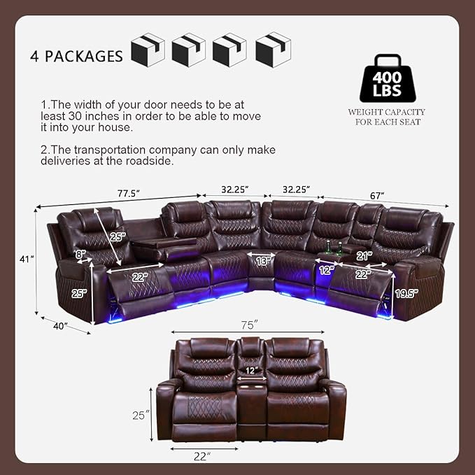 Leather Power Recliner Sectional Sofa Set with LED, Breathing Leather Reclining Corner Couch & Loveseat, L-Shaped Recliner Sofa Power Loveseat with Cup Holders/Storage for Living Room