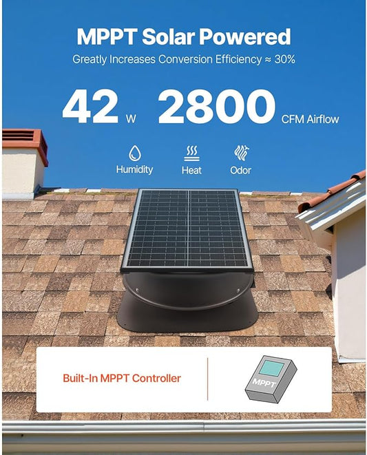 VEVOR 42W Solar Attic Fan, 2800 CFM Smart Roof Vent Built-in Temperature Sensors with Remote Control, Low-Noise & Weatherproof for Attic, Garage, RV Ventilation
