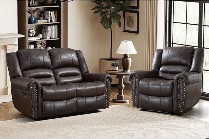 EBELLO Manual Recliner Sofa Set, Faux Leather Reclining Living Room Set, Included Single Recliner Chair and Loveseat Manual Sofa, Vintage Rivet Mid-Century Design for Living Room, Dark Brown