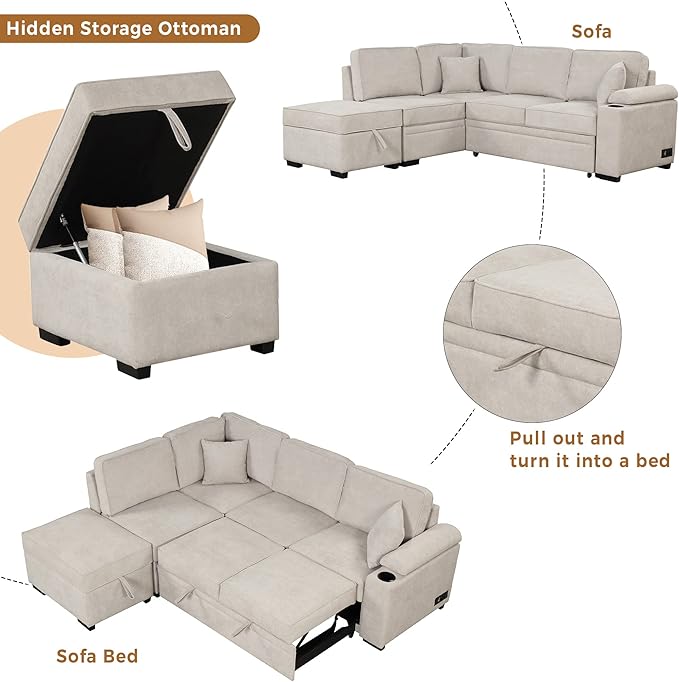 Merax Sofa Bed Sleeper Couch L Shaped Sofa with Storage Ottoman and Cup Holder, L-Shape Sectional Couch with Comfortable backrest and Charging Function for Living Room and Small Apartment (Beige)