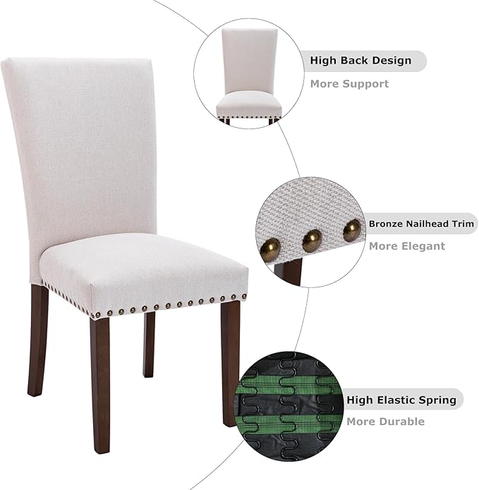 COLAMY Upholstered Parsons Dining Chairs Set of 4, Fabric Dining Room Kitchen Side Chair with Nailhead Trim and Wood Legs - Beige,No Table