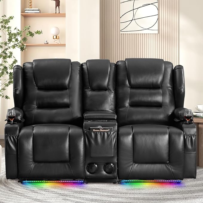 Oprisen Loveseat Power Recliner Sofa Couch Electric Reclining Sofa Chair for Living Room with Multi-Function Console/Cup Holders/LED Ambient Light