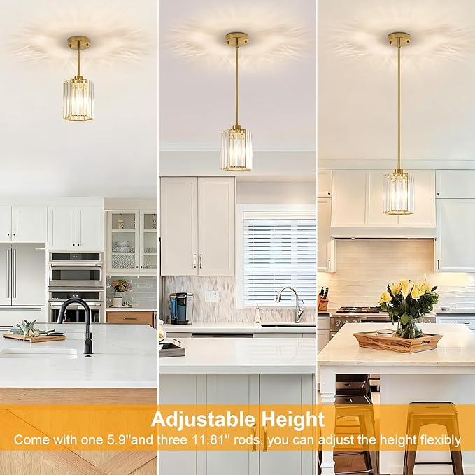 2 Pack Crystal Pendant Lights, Brushed Gold Kitchen Hanging Pendant Light Fixtures, Modern Hexagonal Crystal Pendant Lighting for Kitchen Island, Dining Room, Hallway, Foyer, Entryways