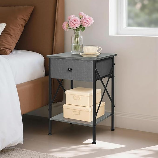 VECELO Nightstand Set of 2, X-Design End Side Table with Fabric Storage Drawer and Open Shelf, Bedside Night Stand with Steel Frame for Bedroom, Living Room,Dorm, Easy Assembly,Hemp Gray