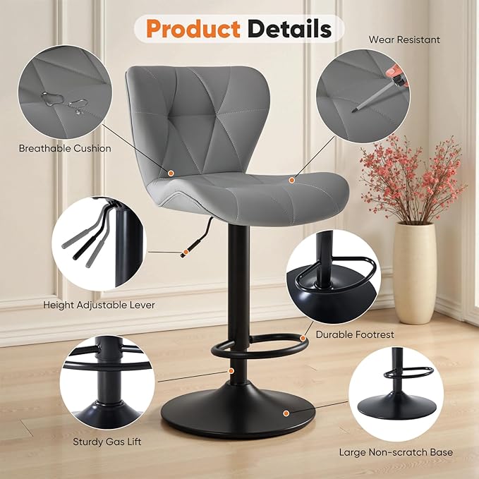 Sweetcrispy Modern Bar Stools Set of 2, Adjustable Faux Leather Upholstered Swivel Bar Stools, Counter Height Bar Chairs with Back for Kitchen Island, Grey