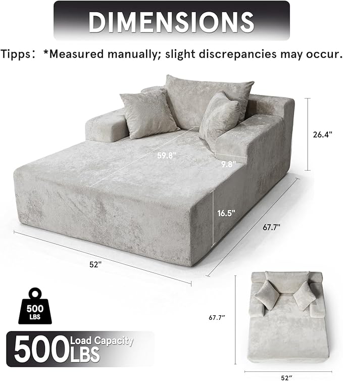 Sytopia Chaise Lounge with Armrests, Oversized Sofa Bed with 3 Pillows, Cozy Couch, Sleeper Reading Chair for Living Room Bedroom, Floor Sofa Chenille, Furniture Sala, Urban Grey