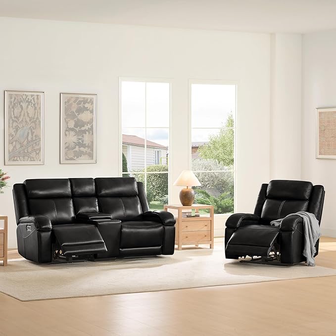 Watson & Whitely Genuine Leather Power Loveseat Recliner Sofa, Wall Hugger Loveseat Reclining Sofa with Storage Console, Power Headrest, Cup Holders, Dual Recliners for Living Room, RV, Black