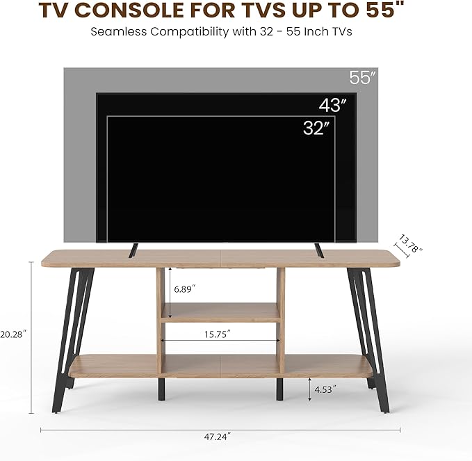 Manora TV Stand for TVs up to 55 Inch, Simple Modern Entertainment Center with 3 Tier Open Storage Shelves, TV Console Table for for Living Room, Bedroom, Oak